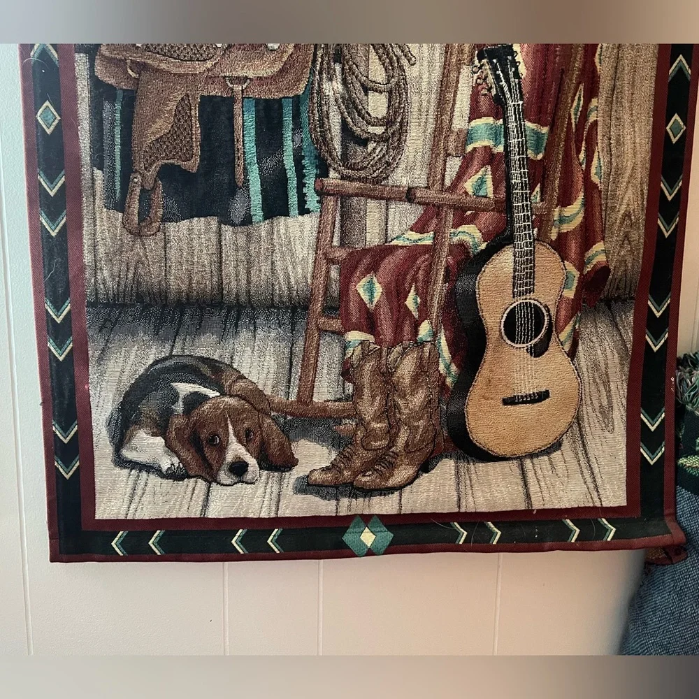 Large Tapestry Wall Hanging : Chair Dog Guitar Cowboy EUC
